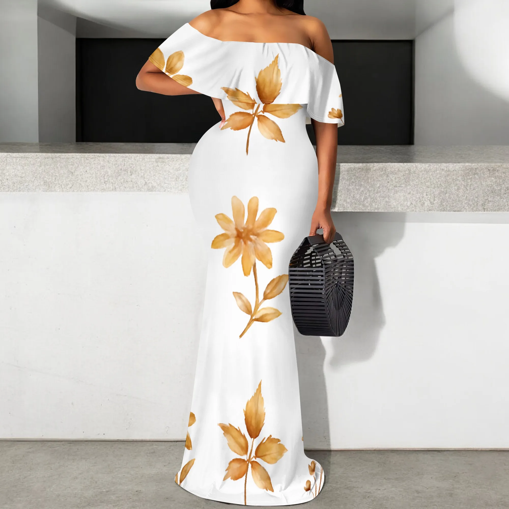 

Elegant White Maxi Dress S-3XL Golden Floral Print Off Shoulder Summer Gown