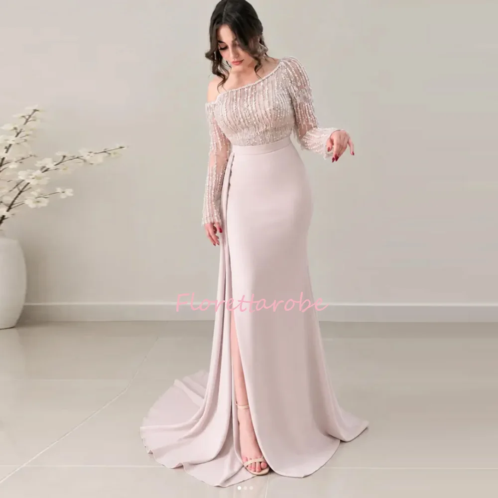 Customized Elegant Mermaid Evening Gown Featuring Asymmetrical One Shoulder Full Length Shimmer Sequin Sleeve  Bodice Prom Dress