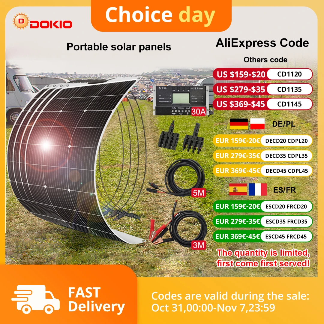 DOKIO 18V 400W แผงพลังงานแสงอาทิตย์แบบยืดหยุ่น (ชุด) สําหรับรถยนต์/บ้าน/ตั้งแคมป์กันน้ํา Monocrystalline พลังงานแสงอาทิตย์จีนชาร์จ 12V แบตเตอรี่