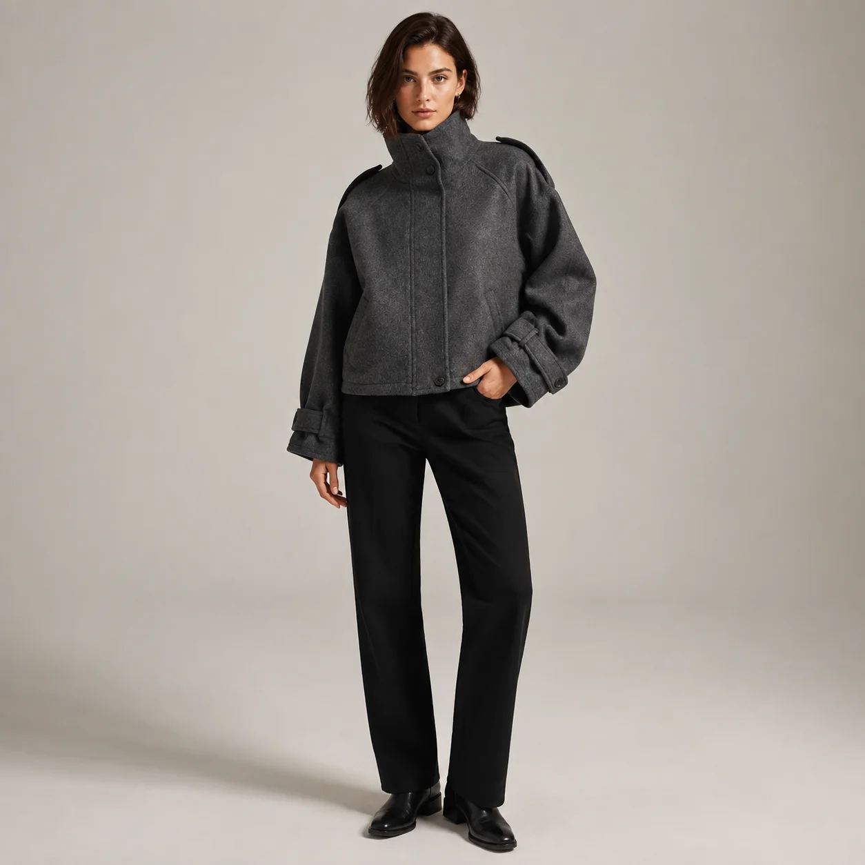 Women Wool Blend Jacket Stand Collar Short Coat Autumn Winter Thick Warm Button Up Casual Outerwear Fashion Streetwear Top