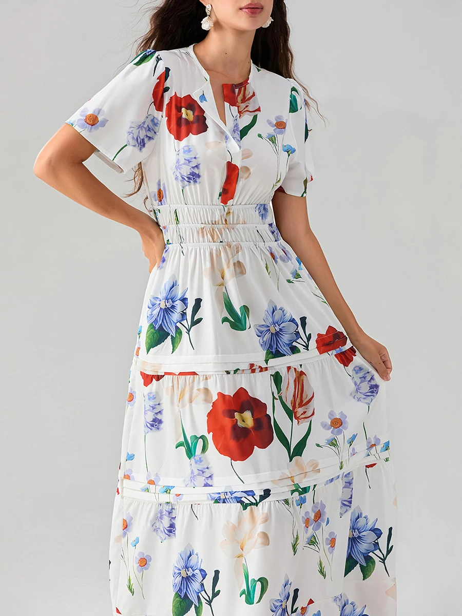 Women Long Dress Smocked Waist Pintucked Hem Side Slant Pockets V-Neck Short Sleeve Flowy Dresses