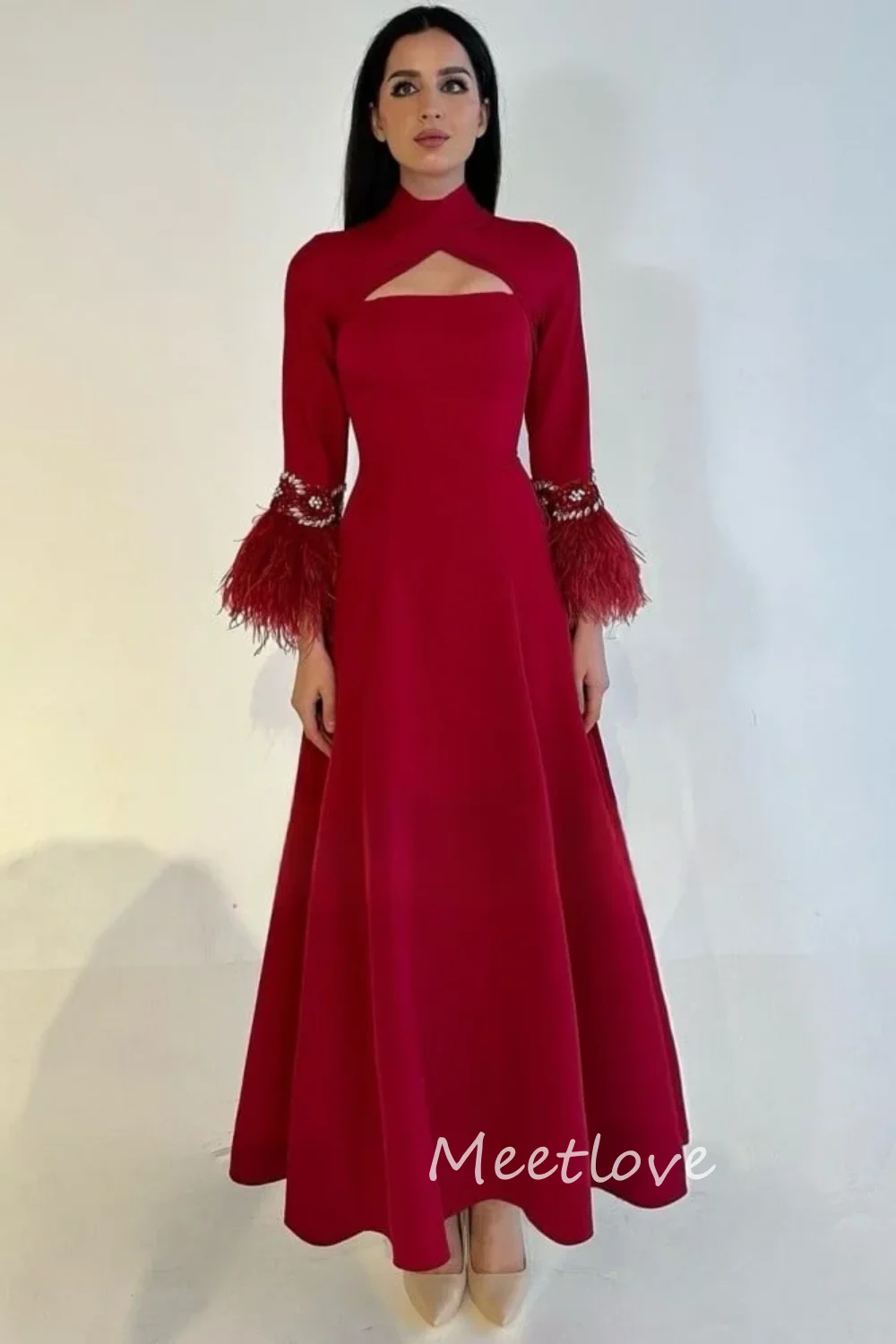 Meetlove 2024 Customized A-Line High Neck Long Sleeves Feather Beaded Floor Length Elegant Saudi Formal Prom Dress Luxury Evenin