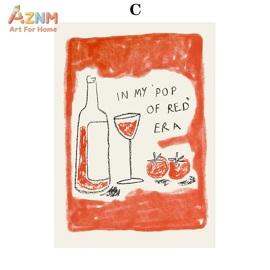 AZNM Retro Red Wine Bottle Tomato Line Canvas Wall Art Hand Drawn Text Print Unframed Canvas Painting For Kitchen Bar Dining Roo