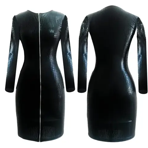 S-XXXL Abito da donna in pelle Wetlook Manica lunga Cerniera Pelle di serpente Abito aderente in ecopelle Club Party Abiti Plus Size Nero
