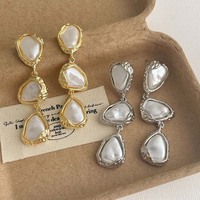 Vintage Gold Color Long Pearl Waterdrop Earrings For Women Exaggerated Metal Irregular Geometric Pendant Earrings Jewelry Gifts