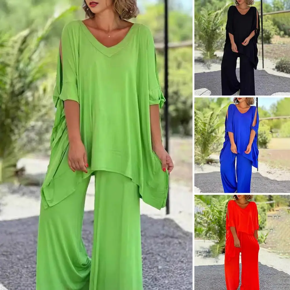 

Women Two Piece Set Polyester Boho Women's Oversized Two Piece Set Loose Pullover Top Wide Leg Pants Outfit for Summer Autumn