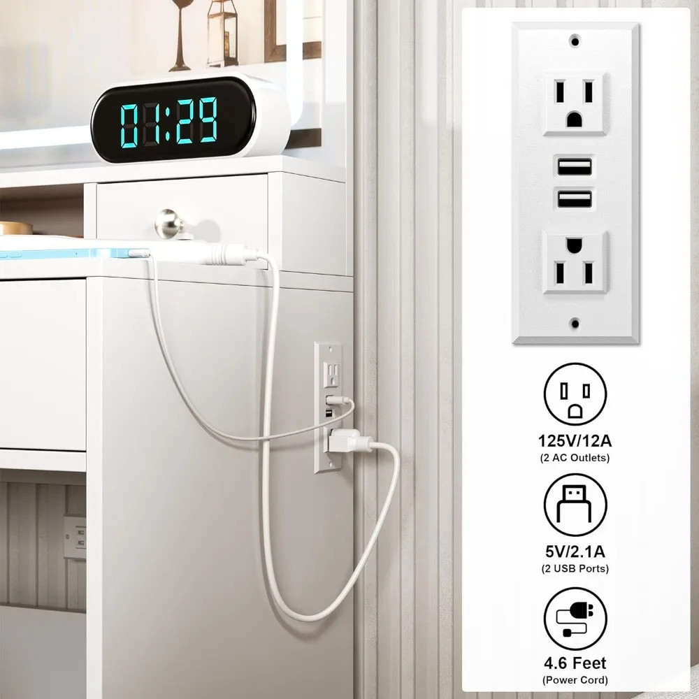 Vanity Desk Set com espelho iluminado LED e Power Outlet, Dressing Makeup Table, Storage Stool, 4 White Drawer for Bedroom