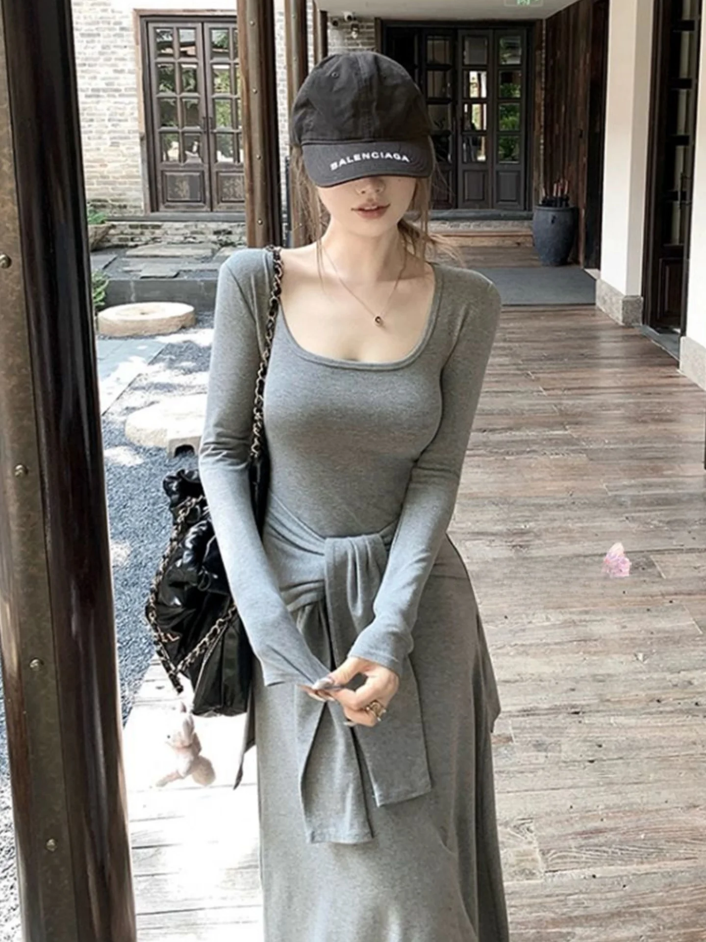 

Korean Sle Long Sve Knitted Dr Women's Faion Belted Slimming Long Dr Autumn Design Trendy Girl Two-Piece Set