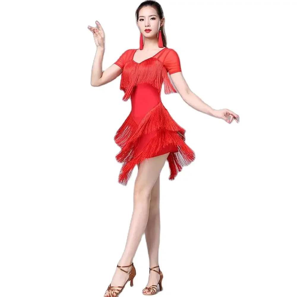 

2025 New Latin Dance Dress for Women Adult Sexy Practice Dance Costume Splicing Jumpsuit Fringe Skirt Performance Costume Set