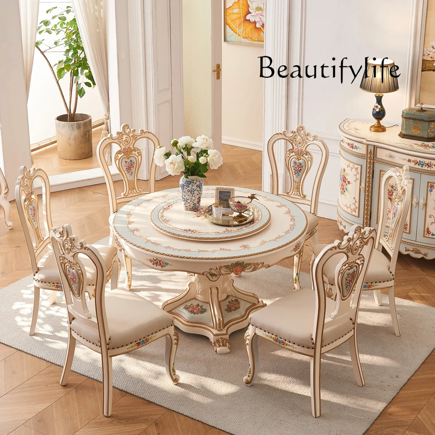 

European French painted flower large apartment all solid wood household 6/8 people luxury marble round dining table