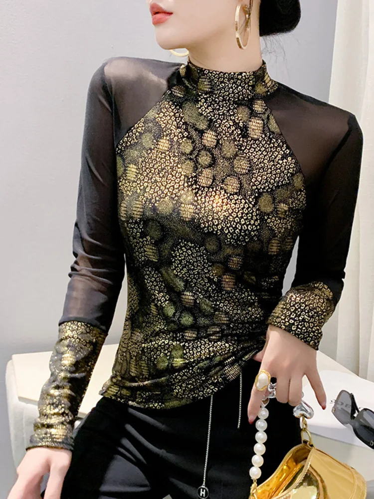 2025 European Autumn New Style Semi High Neck Long Sleeved Hollow Mesh Splicing Hot Stamping T-Shirt For Women's Slim Fit Base