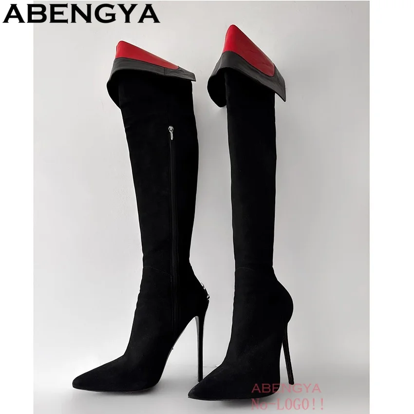 ABENGYA مثير جلد الغزال الأسود حذاء برقبة للركبة للنساء مثير غريبة الكعوب حفلة أحذية طويلة الخريف رقيقة أحذية عالية النساء