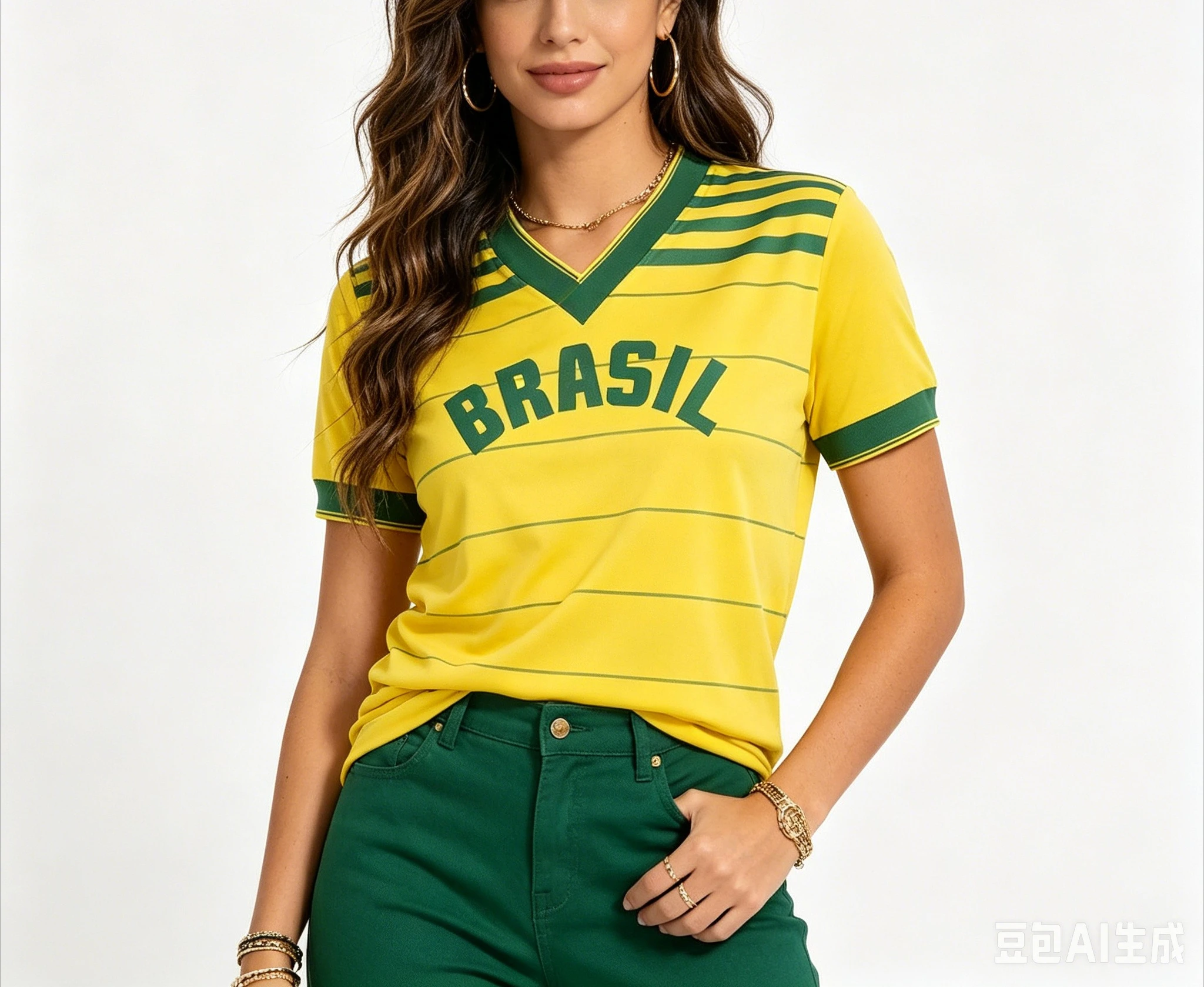 Women Quick Dry Breathable Short Sleeve Brazil Style Team Retro Football Jersey Thin Stripe V‑Neck Loose Sports T‑Shirt Y2K