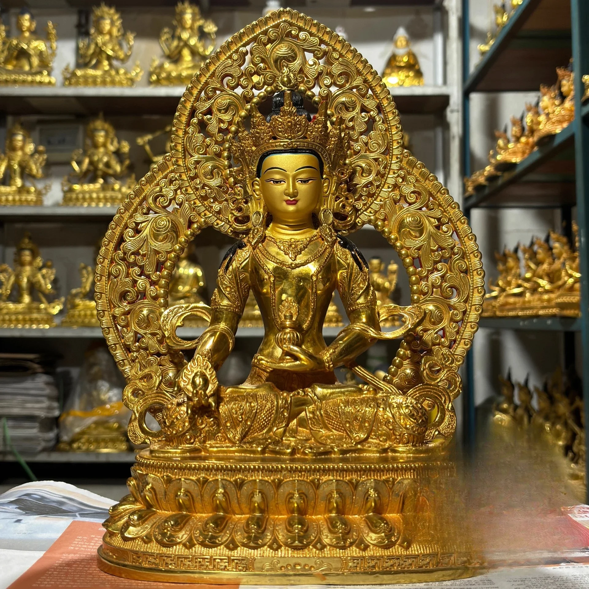 High Purity Copper Gilt Vajrasattva Buddha Statue with Double Lotus Seat and Backlit Design for Home Worship
