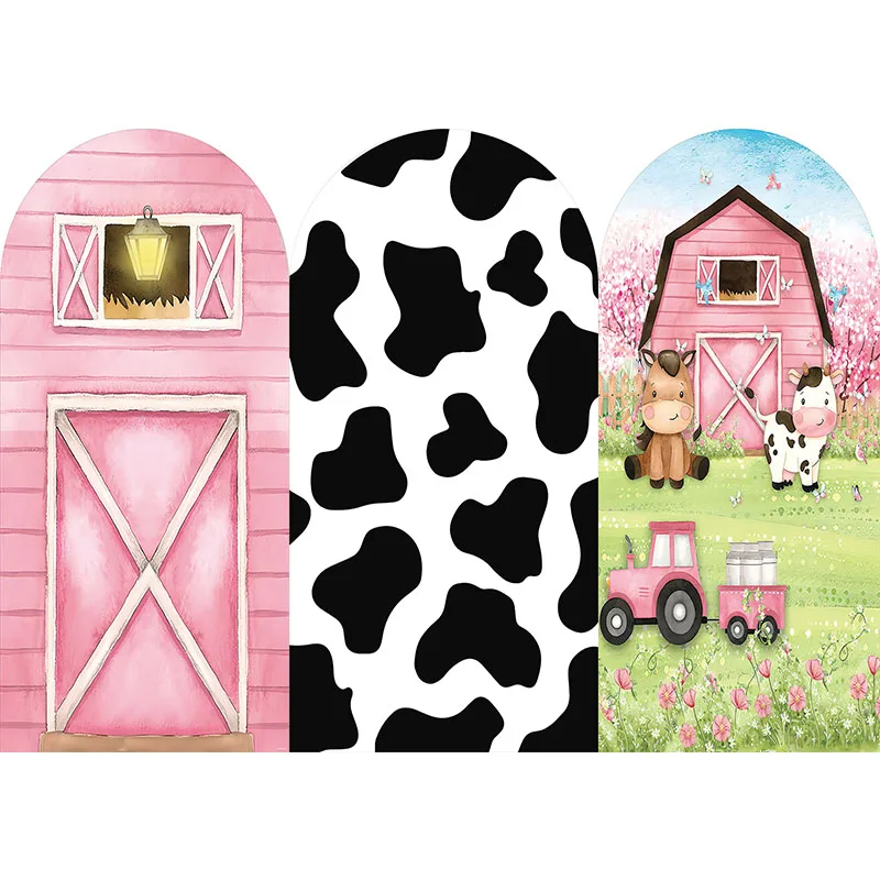 

Mehofond Pink Barn House Arched Backdrop Cover Farm Rural Filed Baby Shower Party Cow Round Top Spandex Background Photozone