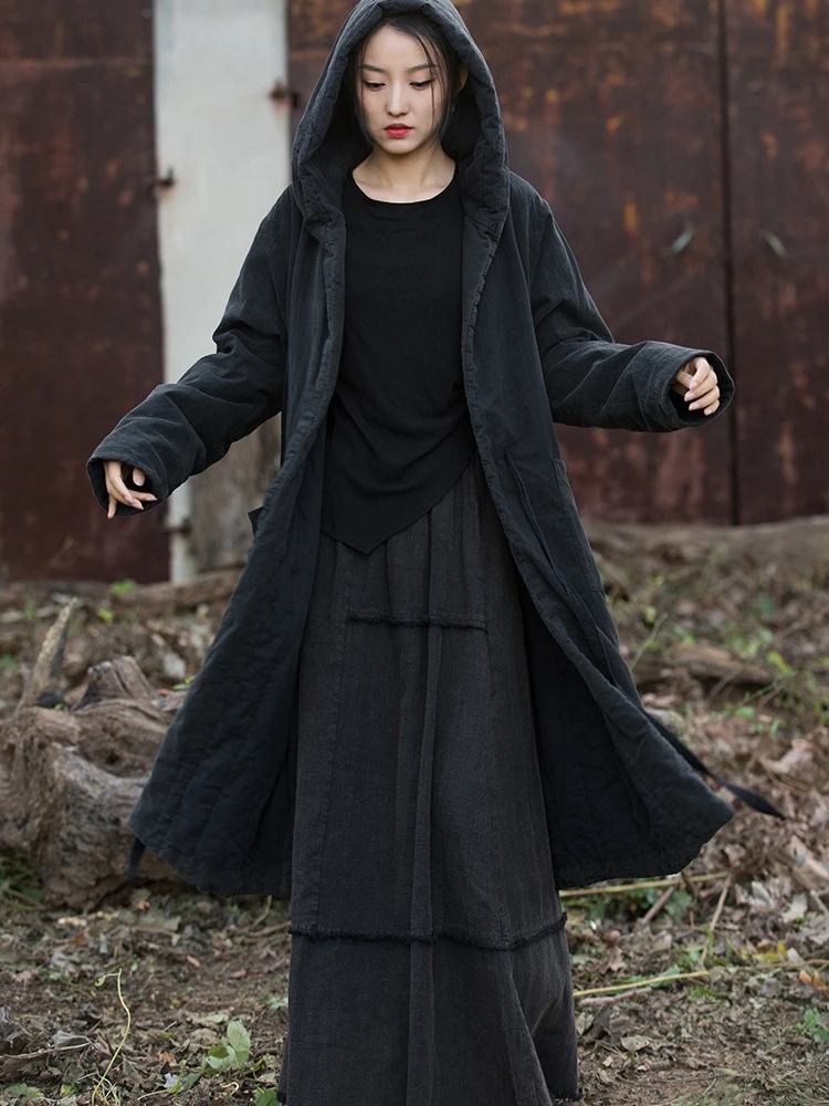 100% Cotton Women's Black Hooded Long Parka Warm Thick Winter Coat Long Sleeves Vintage Original Parkas Mori Girl Style