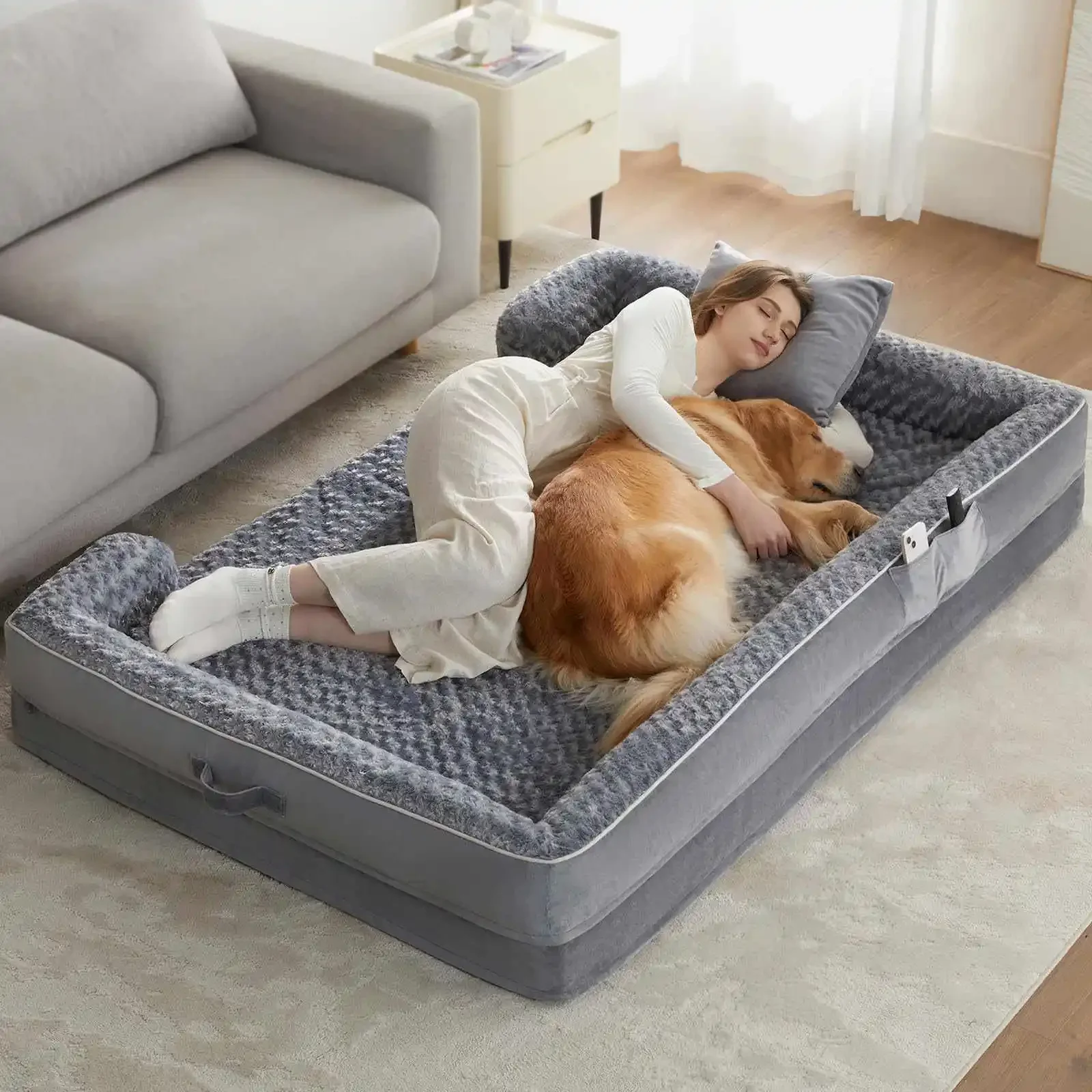 Extra Large Washable Human Dog Bed Fur Nap Bed Calming Giant Human Dog Bed for People Adults with Storage Pocket