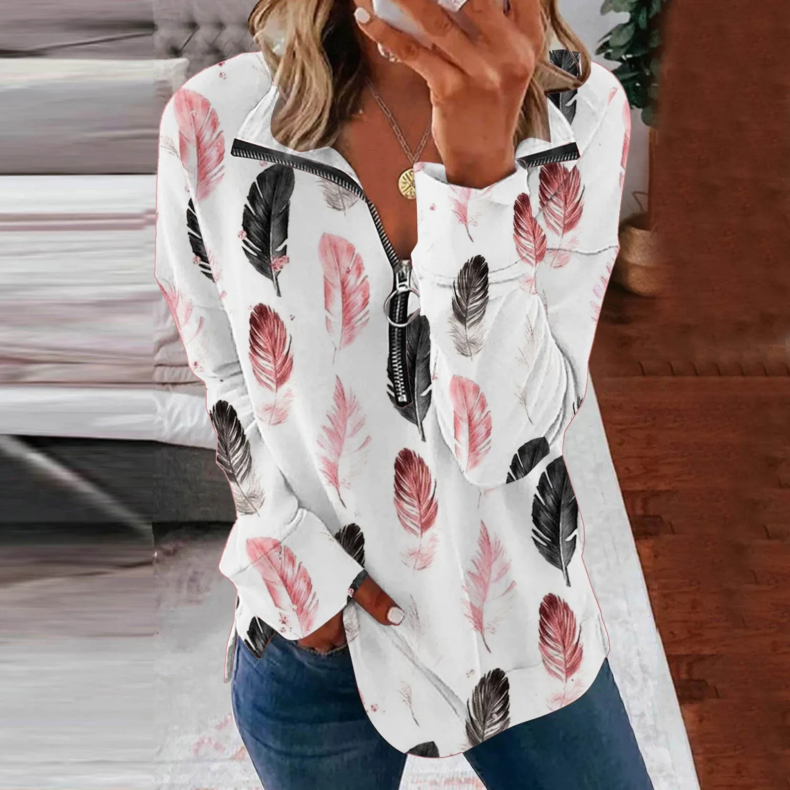 Women's Printed Fashionable Casual Long Sleeved Zippered Lapel Sweater