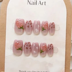 10Pcs Strawberry Sweetheart Handmade Nails Sweet Cat-Eye False Nail for Women and Girl Removable wearable Nail Art