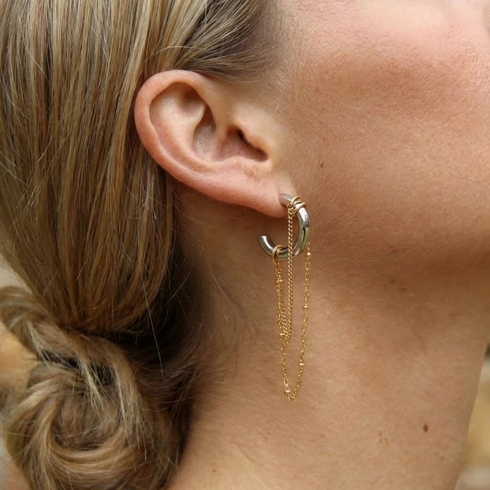 

Punk Gold Silver Two Tone Hoop Earrings Women Stainless Steel C Shape Long Chain Tassel Layered Dangle Earring Fashion Jewelry
