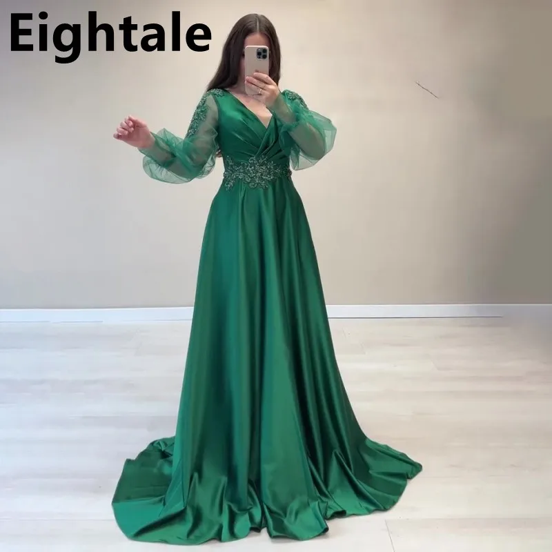 

Green A Line Puffy Sleeve V Neck Evening Dresses For Wedding Party 2022 Satin Dubai Beaded Formal Prom Dress Arabic Party Gown