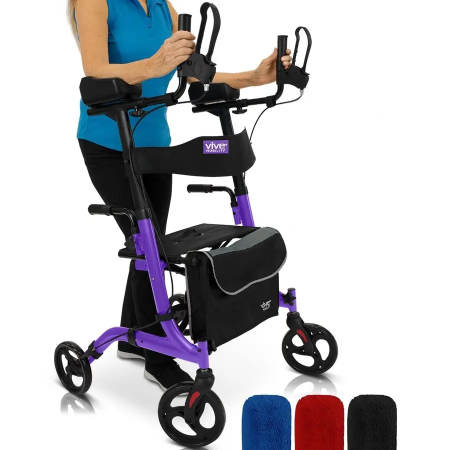 Upright Walker with Seat Stand Up Rollator, Arm Rests, Heavy Duty, Folding Medical Aid Scooter for Elderly, Seniors Walking Ass