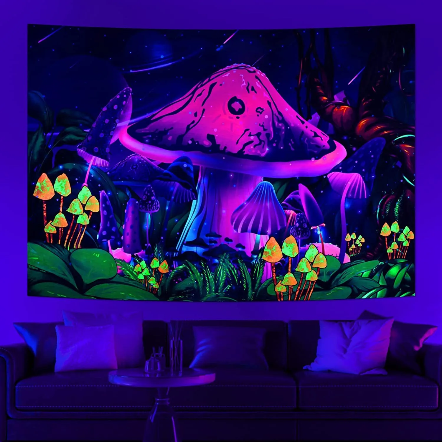 

Trippy Mushroom Forest Blacklight Tapestry 2D Flat Printed UV Reactive Peach Skin Fluorescent Wall Hanging Bedroom Room Decor