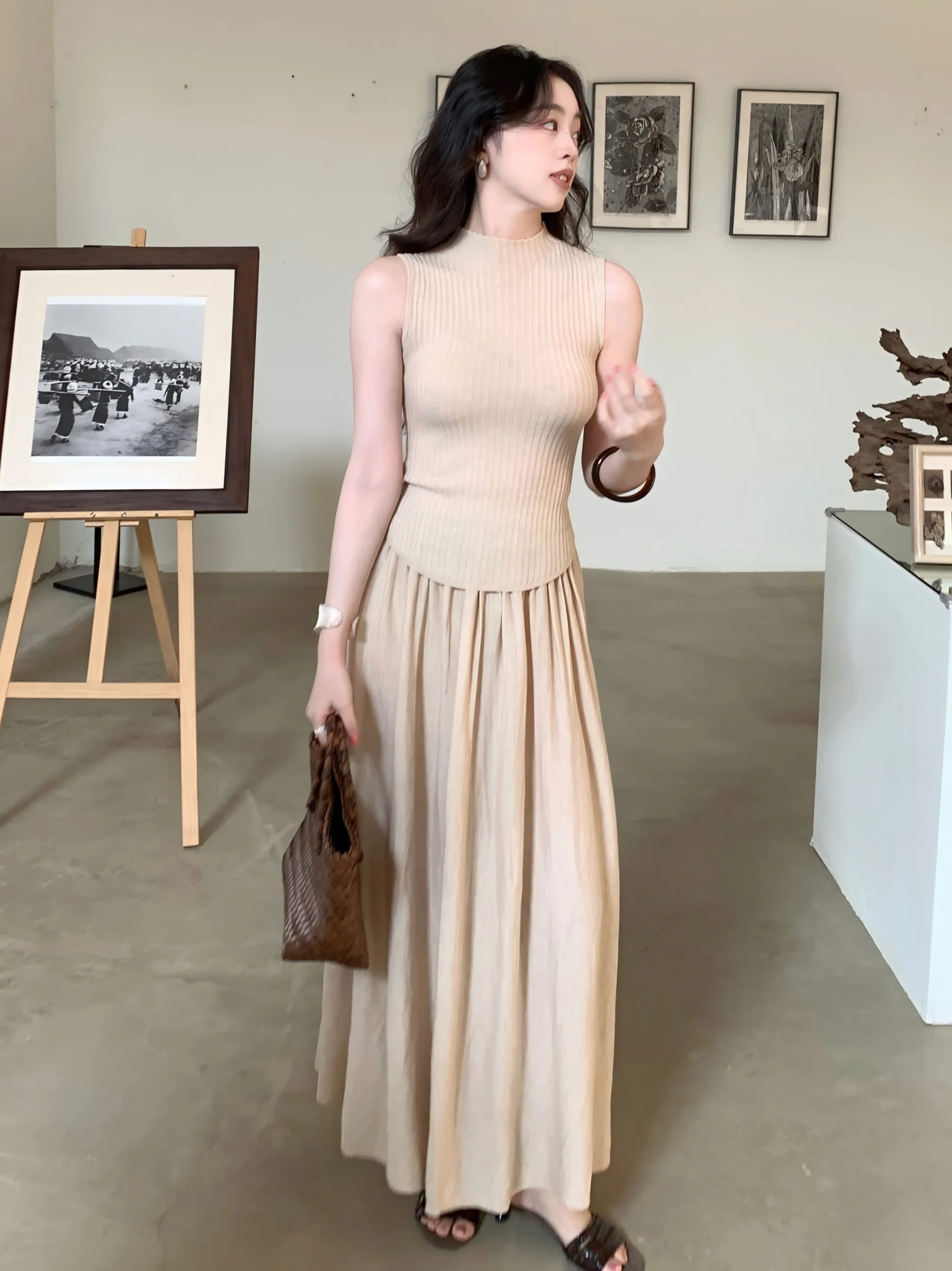 

Elegant Simple Style High Elastic Sleeveless Slim Fit Knitted Set Dress Soft Smoke Dream SYT Fashionable Ensemble for Women