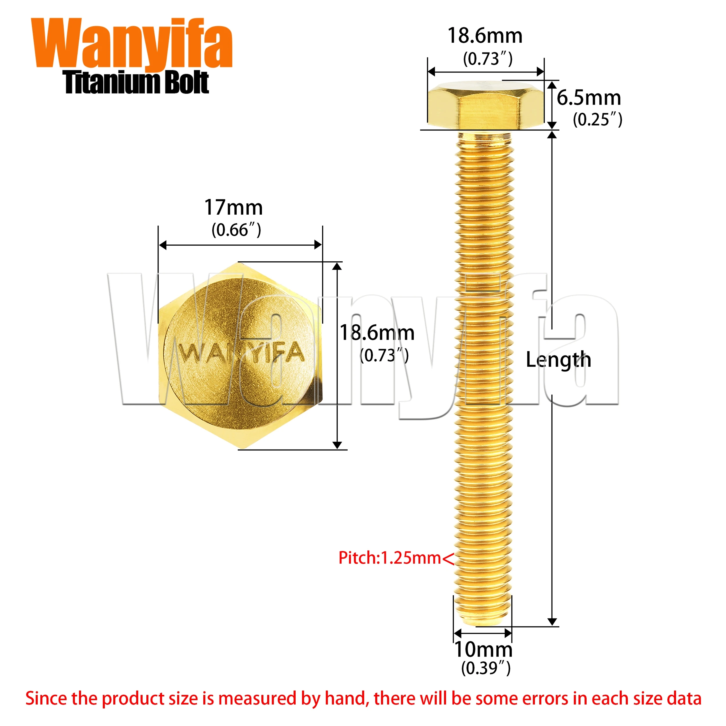 Wanyifa 6pcs Titanium Bolt M10x70-100mm Pitch 1.25mm External Hexagon DIN933 Bolt for Motorcyfor Bicycle Part