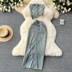 Women Design Denim 2pcs Suit Irregular Straoless Sexy Short Top Vest + High Waist Slit Long Skirt Clothes Sets Outfits