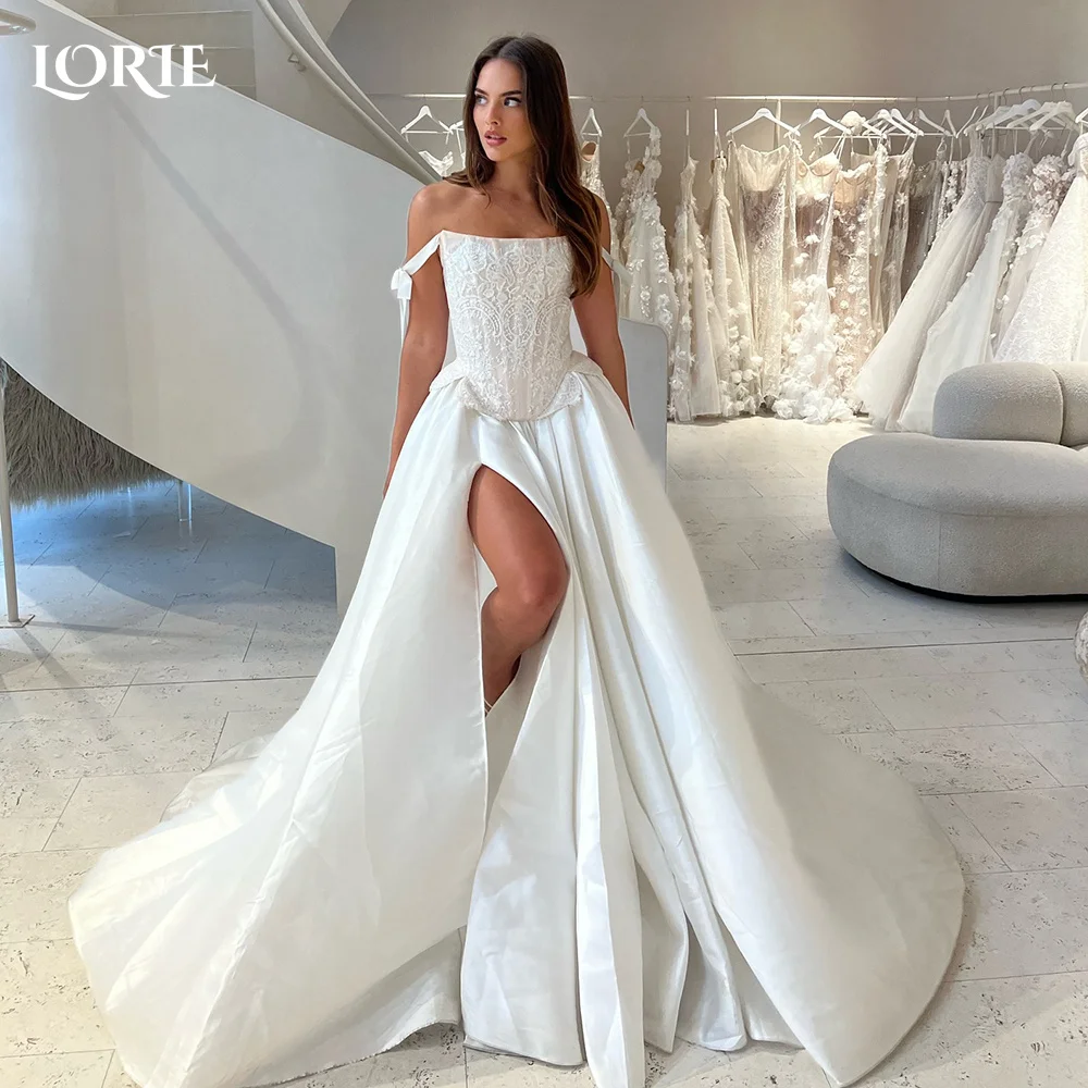 

LORIE High Slit Lace Wedding Dress Bow Off Shoulder Corset A-line Bride Gown Customized Appiques Bride Dress vestidos de novia