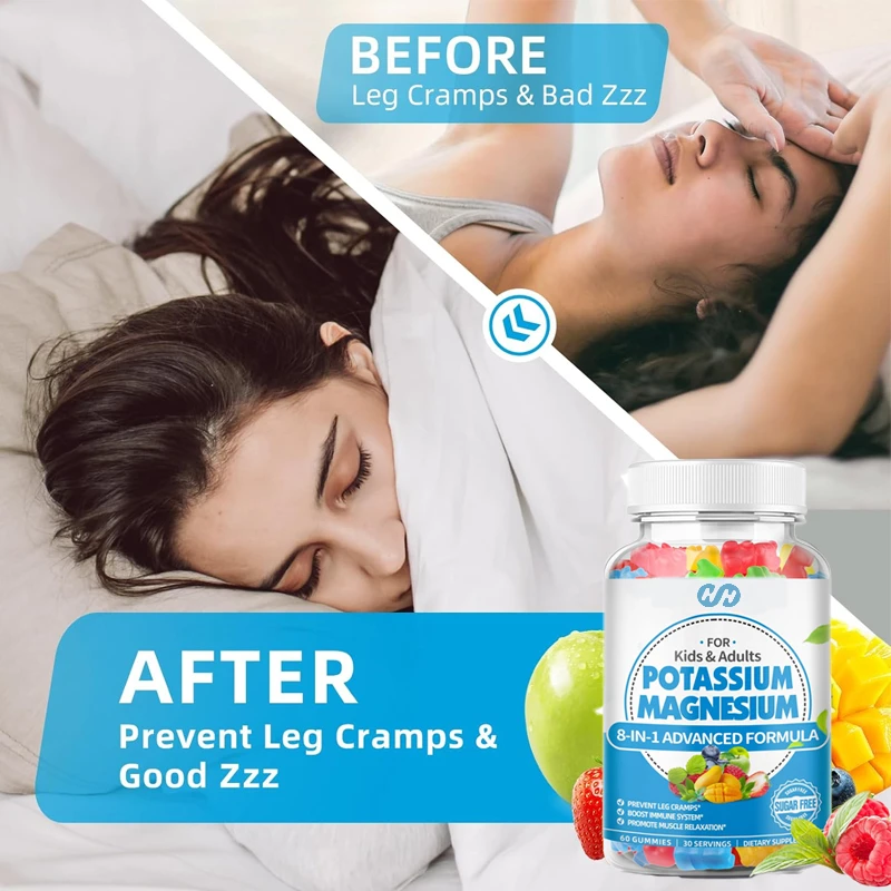 Adult Potassium Magnesium 60 Gummies, Vitamin B6 Coenzyme Q10 Leg Spasms and Muscle Health Mixed with Fruit Flavor