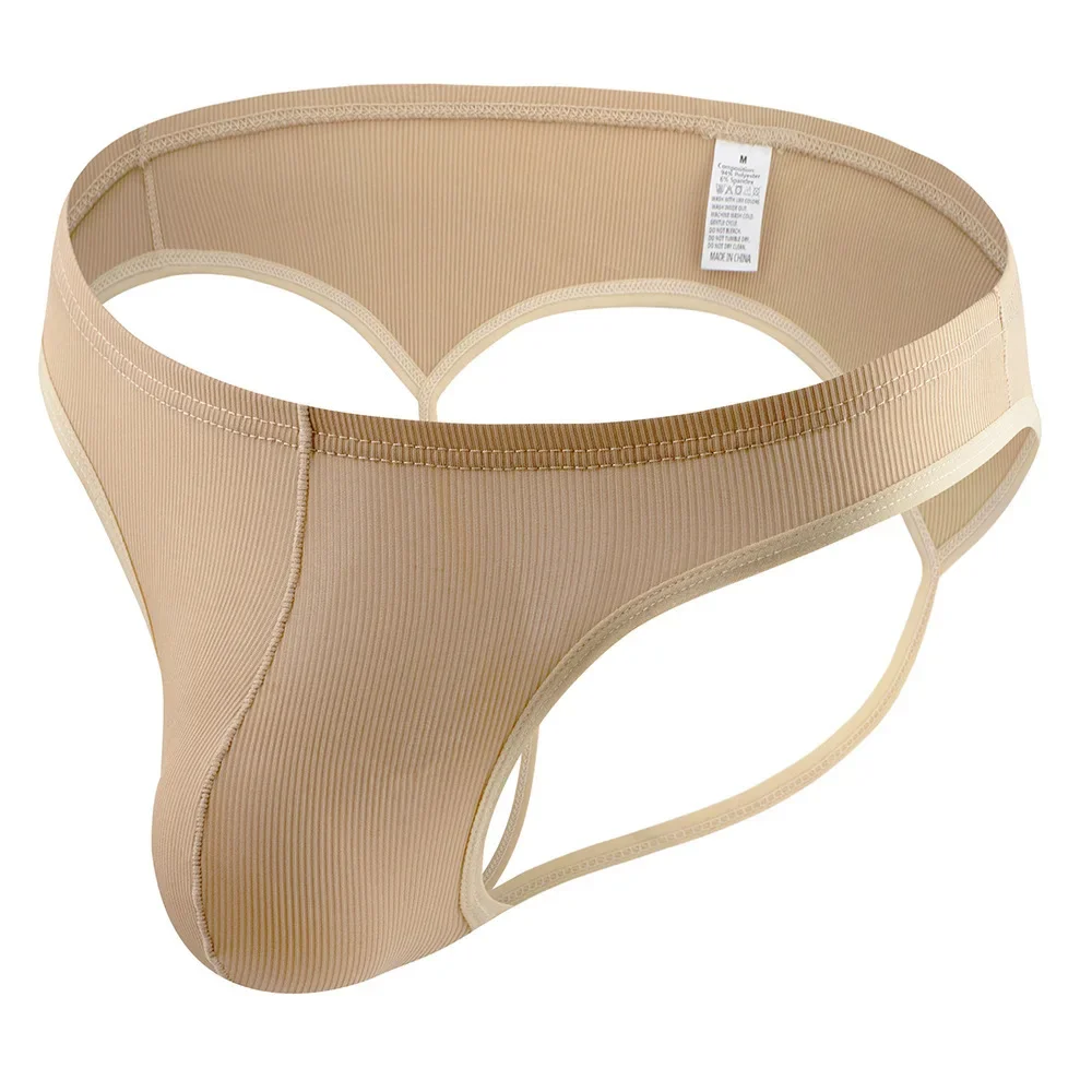 Men's Ribbed Double Strap Thong, High Stretch Breathable T-Back Underwear Gays Erotic Low Waist U Pouch Jockstrap Open Buttocks