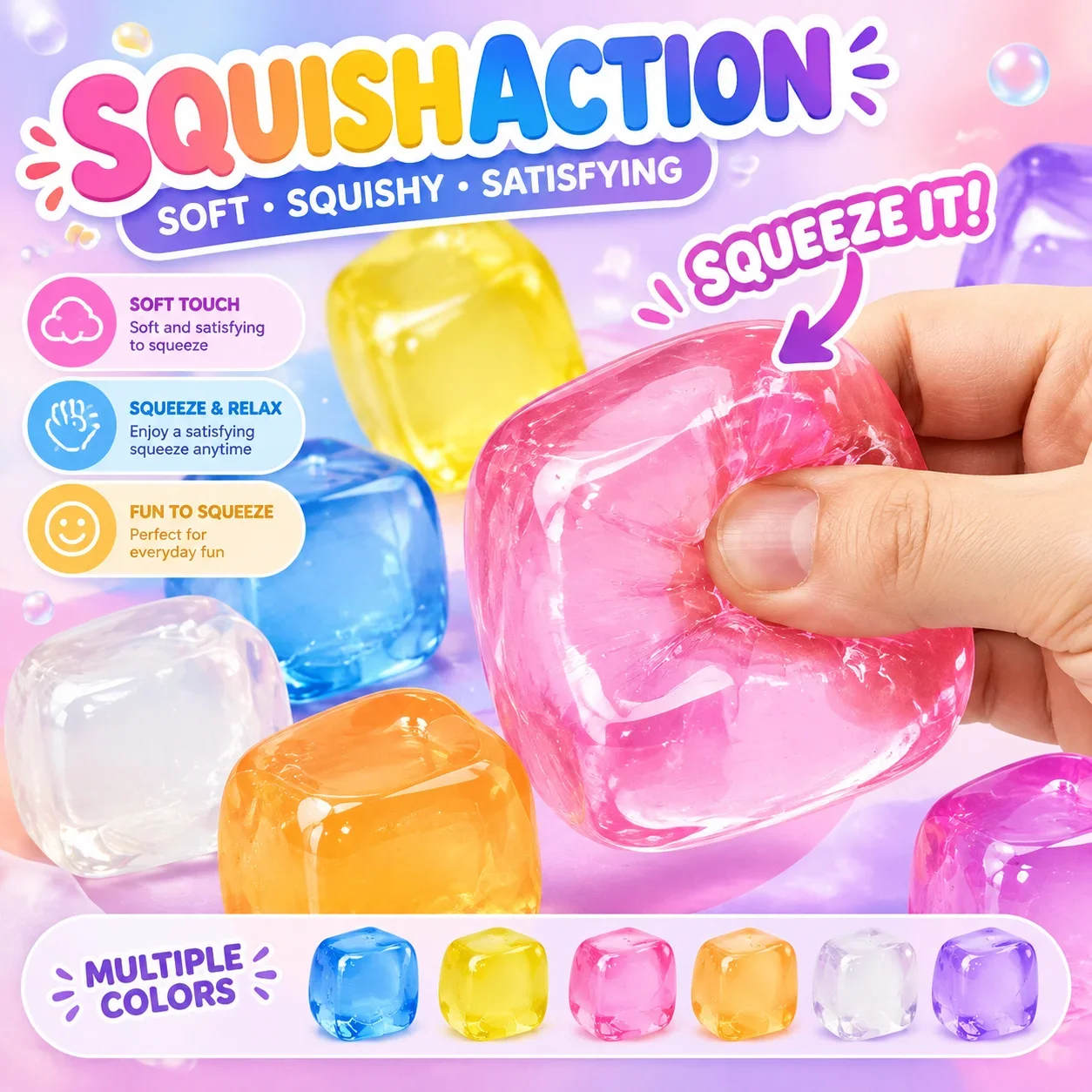 2026 New Ice Cube Squishy Toy Cross Border Hot Stress Relief High Transparency Maltose Slow Rebound Food Grade Material Squishy