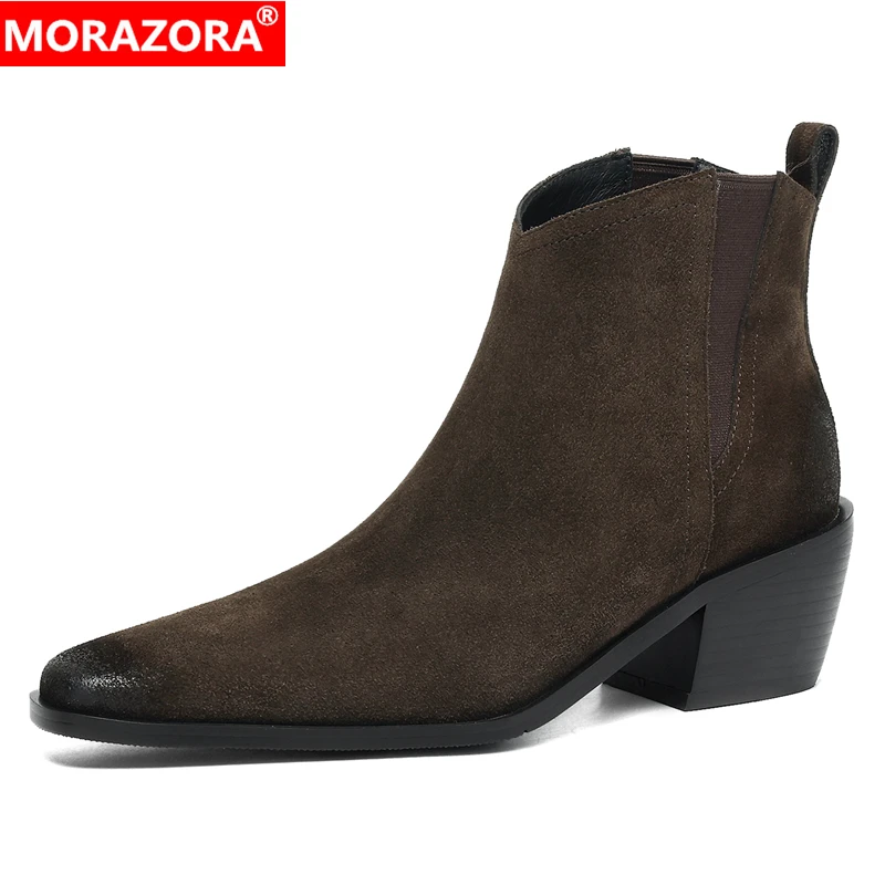 

MORAZORA Cow Suede Leather Western Boots Women Slip On Chunky High Heels Handmade Retro Ladies Ankle Boots Black Brown Shoes