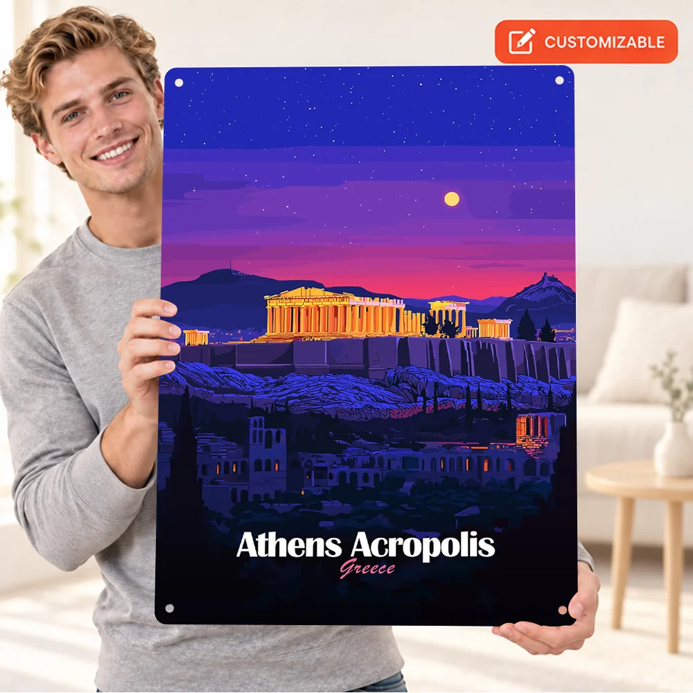 Athens Acropolis Night Travel Textured Metal Poster Personalized Aluminum Sign Vintage Style Scenic Wall Art For Entryway Decor