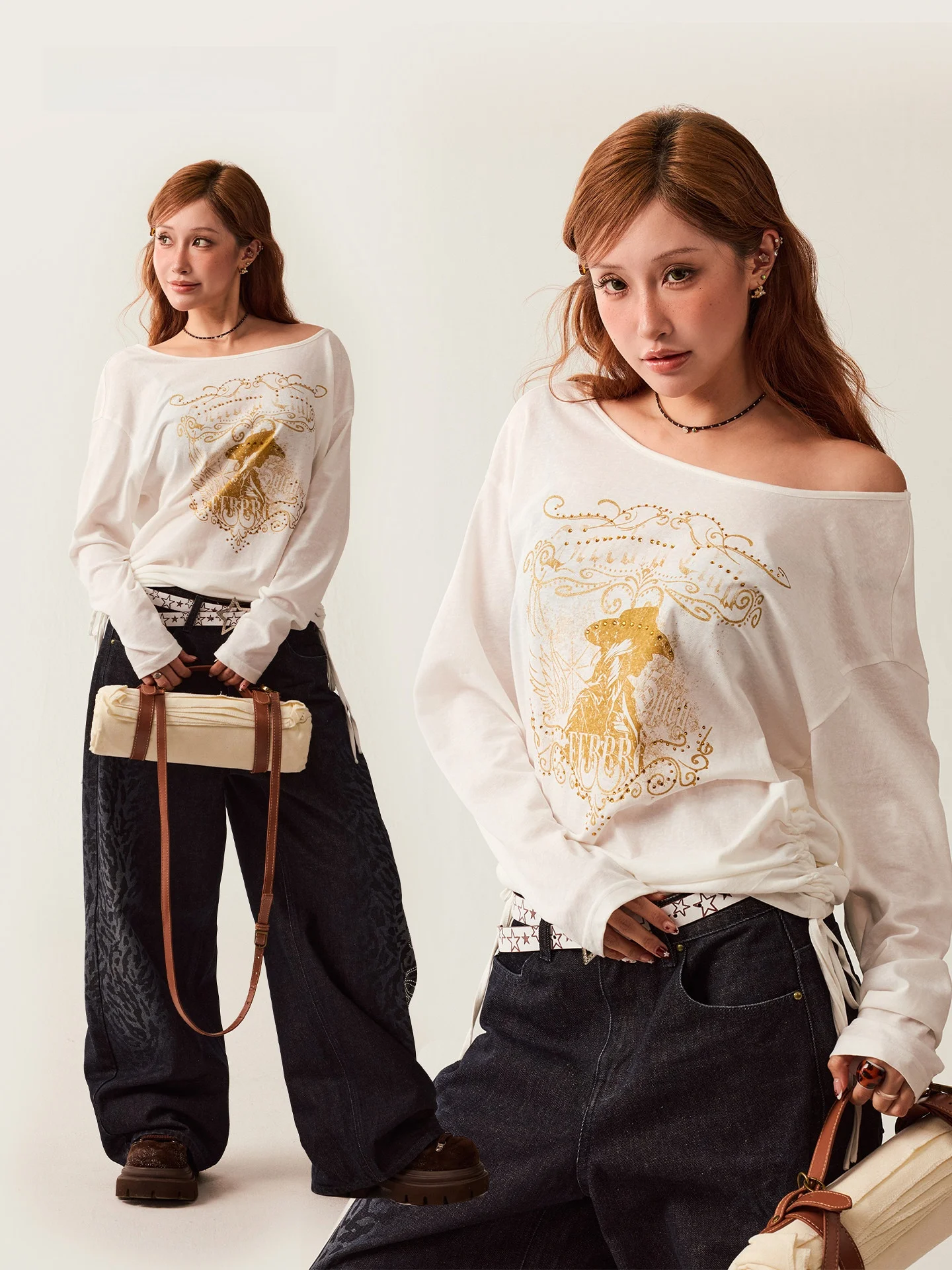 

Удобная, приятная для кожи футболка BeerBro New Journey с длинными рукавами и открытыми плечами, свободного кроя, украшенная стразами, женский топ