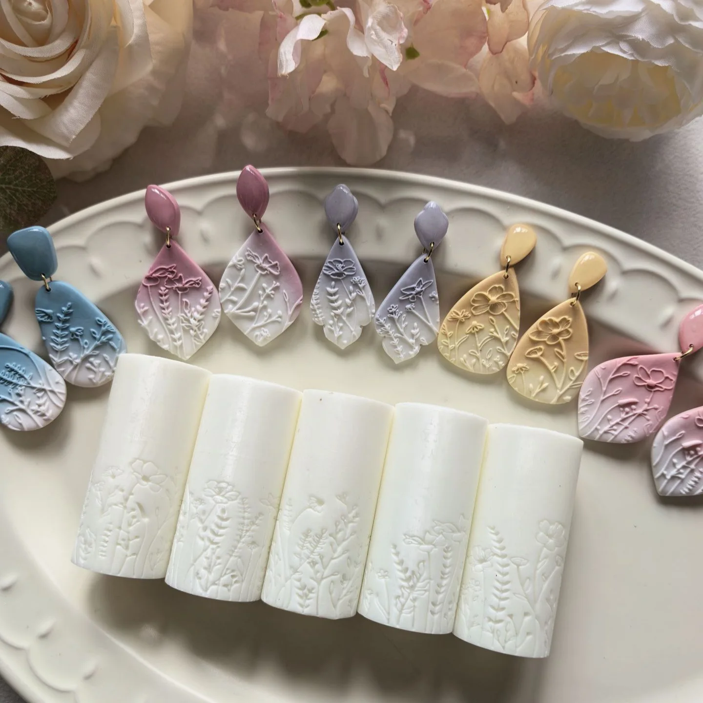 Ensemble de rouleaux à texture botanique, 5 modèles de rouleaux de gaufrage à motifs floraux pour la fabrication de bijoux en argile polymère