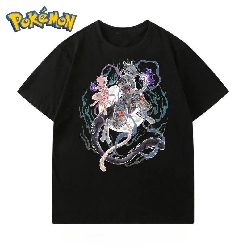 

Pokémon Handheld Game New Mewtwo/Mew Print T-shirt Summer Men's and Women's Street Y2K Harajuku Loose Casual Short-sleeved Top