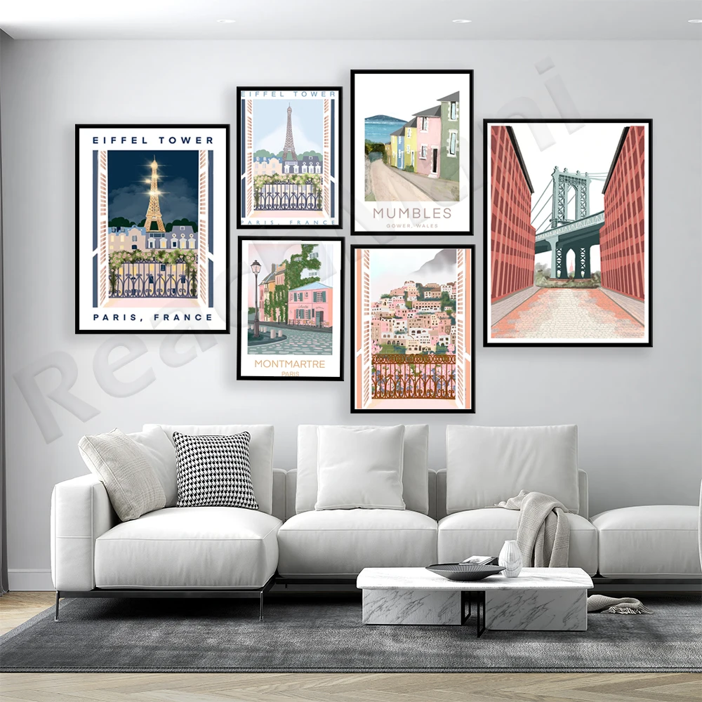 Brooklyn Bridge, Venice Canal, Three Cliffs Bay Swansea Wales, Eiffel Tower, Paris Rose House, Swansea Wales travel poster