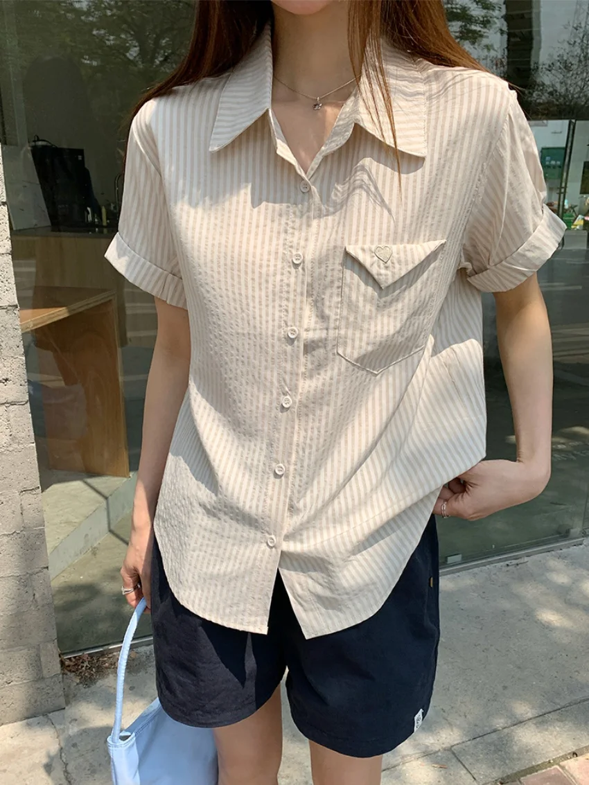 Alien Kitty Stripes 여성 루즈 셔츠 세련된 여름 2025 짧은 소매 모든 경기 패션 부드러운 작업복 데일리 캐주얼 New