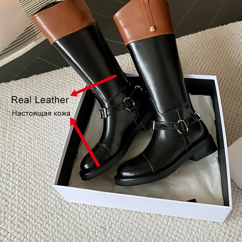 JOZHAMTA Size 34-40 Women Knee Boots Genuine Leather Ins Fashion Thick Heels Shoes Winter 2025 Wide Calf Long Boots Daily Dress