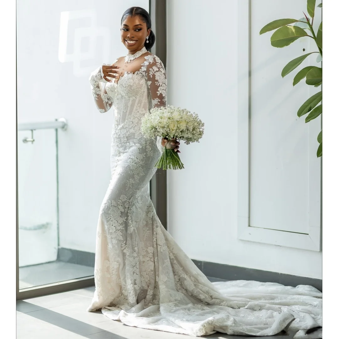 

White Mermaid Wedding Dresses Lace Appliques Long Sleeve Bridal Gown Sweep Train Elegant Party Dress robe de mariée Customized