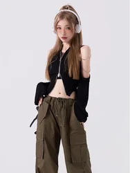 Deeptown Y2k Harajuku Solid Crop Top Donna Coreano Streetwear Zipper T-shirt Off Spalla Balck Tees Estetica Kpop Cardigan