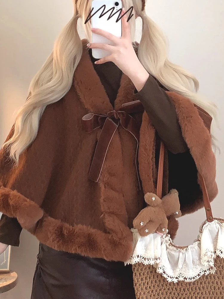 Y2k Aesthetic Fashion Lolita Cloak Coats Sweet Kawaii Fluffy Vintag Elegant Capes Loose Bandage Cute Bow Women Jacket Streetwear