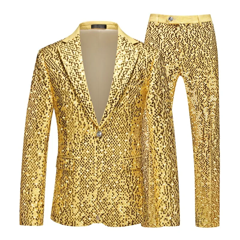 

2Pieces(Blazer Jackets+Suit Pants)Man Sets Quality Luxury Shiny Sequin Men's Suits Plus Size Slim Fit Host/Banquet/Stage Costume