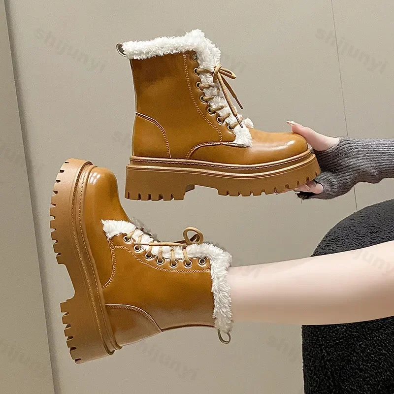 Pu Leather Faux Fur Snow Boots Women Winter Waterproof Non-Slip Plush Ankle Boots Woman Mid Heel Warm Motorcyclre Botas De Mujer