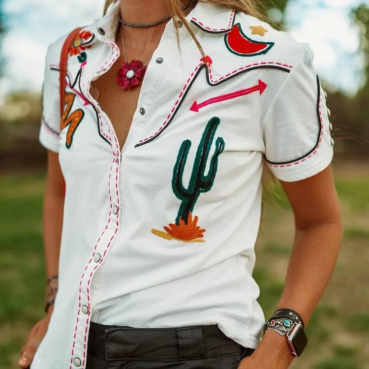 

Western Style Women's Top Casual Shirt Button Short Sleeve White Slim Office Lady Blouse Camisas De Manga Corta Top Donna