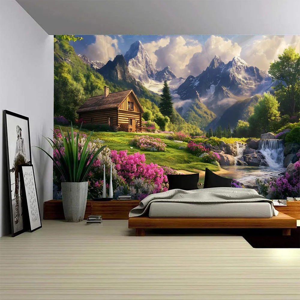 

Living room landscape tapestry dreamy forest wooden cabin wall hanging cloth - anti fouling and easy to clean - home decoration