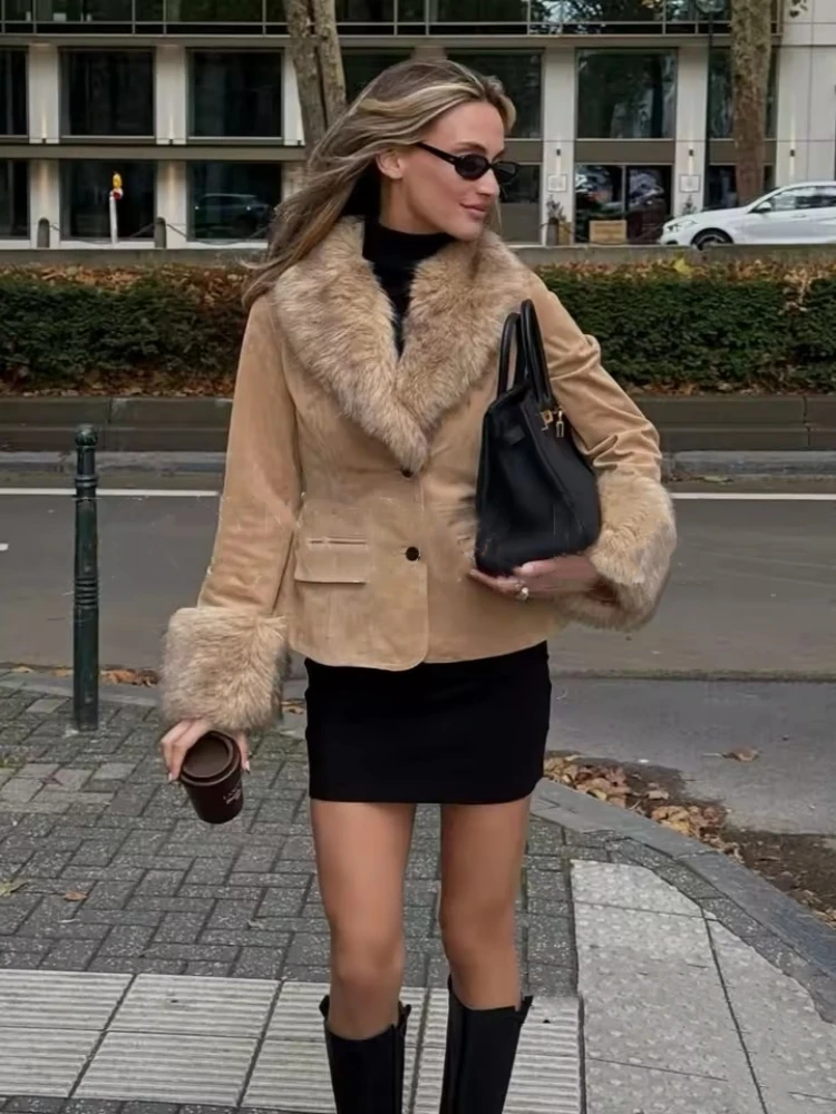 

Khaki Vintage Detachable Fur Collar Suede Jackets Winter Chic Lapel Button Pockets Women Jacket Coat Autumn New Women Outerwear